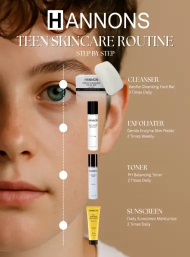 Hannons teen skincare routine guide with products and steps displayed.