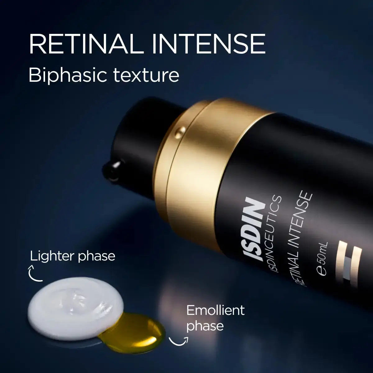 ISDIN Retinal Intense skincare product with biphasic texture on a dark background