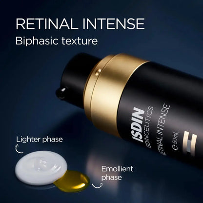 ISDIN Retinal Intense skincare product with biphasic texture on a dark background