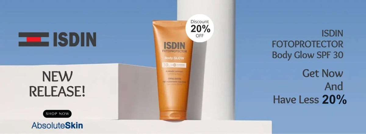 ISDIN Fotoprotector Body Glow SPF 30 sunscreen tube in orange, displayed on a white pedestal against a blue background with promotional text and logos.