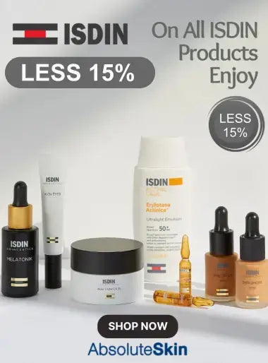 ISDIN skincare products with promotional text on a white background