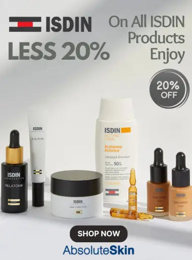 ISDIN skincare products with promotional text on a white background
