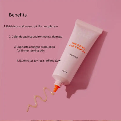 Tube of 'The Super Glo C Serum' with benefits listed on a pink background