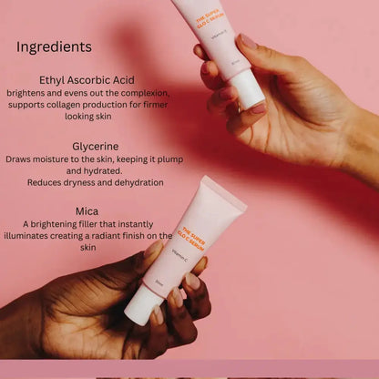 Two hands holding skincare products with a pink background and text about ingredients.