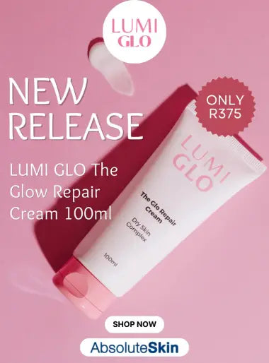 LUMI GLO Glow Repair Cream 100ml on a pink background with promotional text.