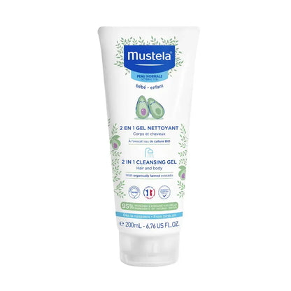 Mustela 2 en 1 Gelingel Cleansing Gel for baby and body, 200 mL white squeeze tube with blue and green accents, on a white background.