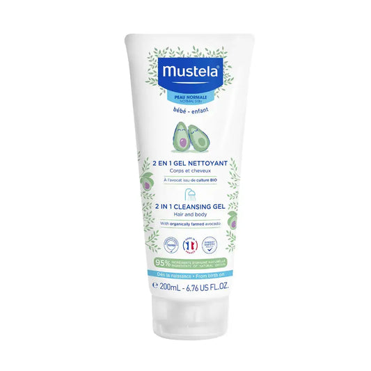 Mustela 2 en 1 Gelingel Cleansing Gel for baby and body, 200 mL white squeeze tube with blue and green accents, on a white background.
