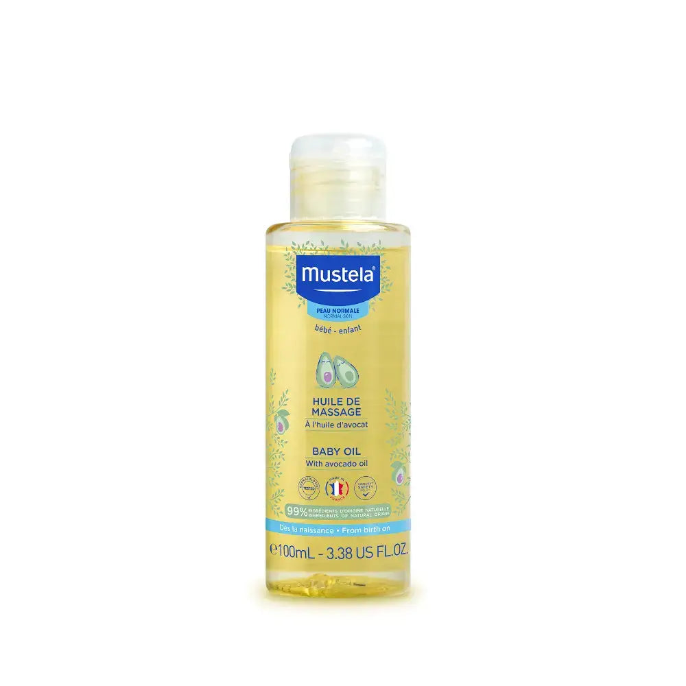 Mustela Baby Oil with avocado oil in a 100ml clear plastic bottle with a white cap, shown on a plain white background.