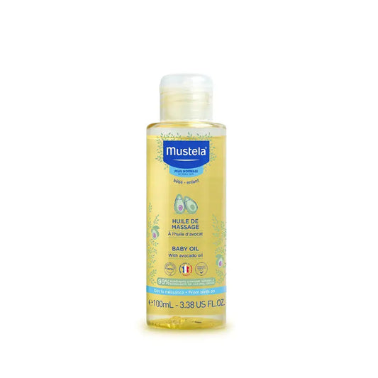 Mustela Baby Oil with avocado oil in a 100ml clear plastic bottle with a white cap, shown on a plain white background.