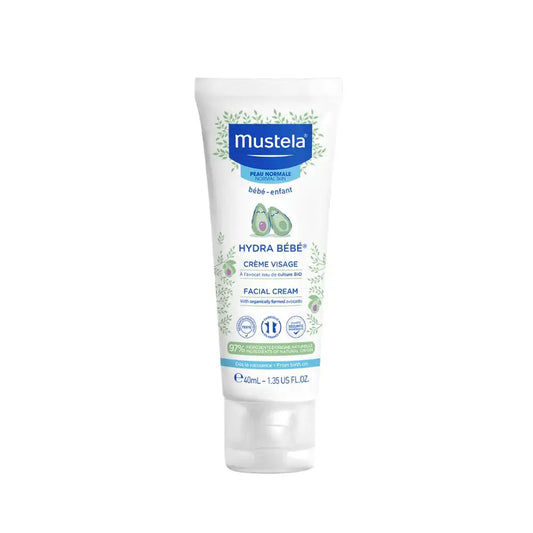 Mustela Hydra Bébé Facial Cream 40mL tube on a solid white background.