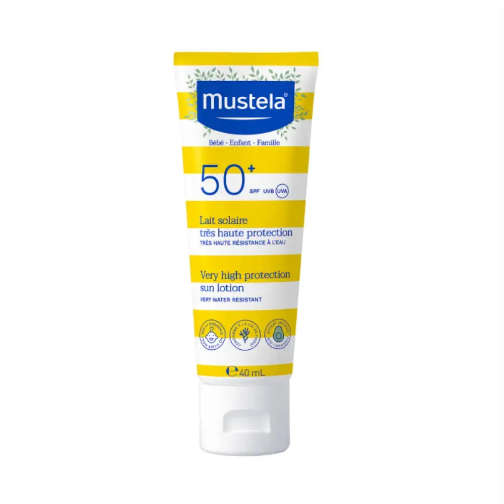 Mustela sun lotion tube with SPF 50+ on a white background