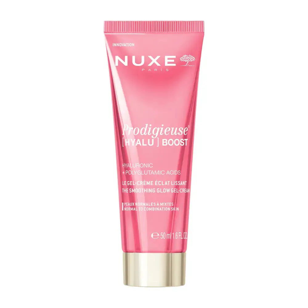 Nuxe Paris Prodigieuse [Hyalu] Boost The Smoothing Glow Cream in a pink squeeze tube with a metallic gold cap, shown on a solid white background.