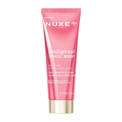 Nuxe Paris Prodigieuse [Hyalu] Boost The Smoothing Glow Cream in a pink squeeze tube with a metallic gold cap, shown on a solid white background.