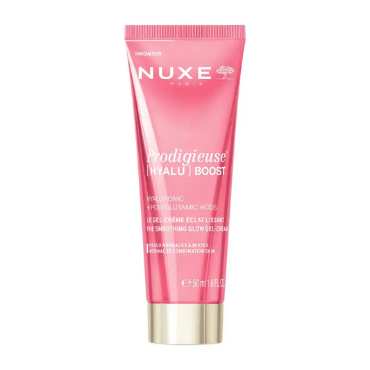 Nuxe Paris Prodigieuse [Hyalu] Boost The Smoothing Glow Cream in a pink squeeze tube with a metallic gold cap, shown on a solid white background.