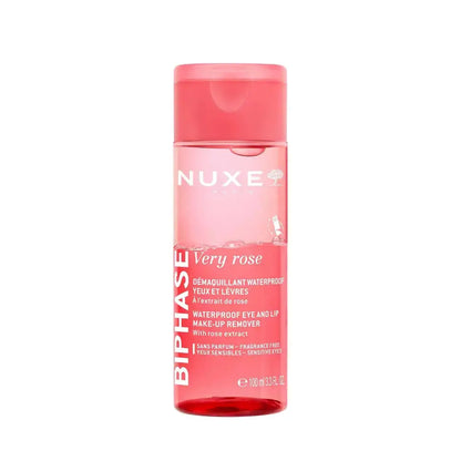 Nuxe Very Rose Bi-Phase makeup remover bottle on a white background