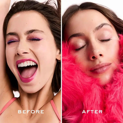 Before and after makeup transformation of a woman with pink lipstick and pink fur.