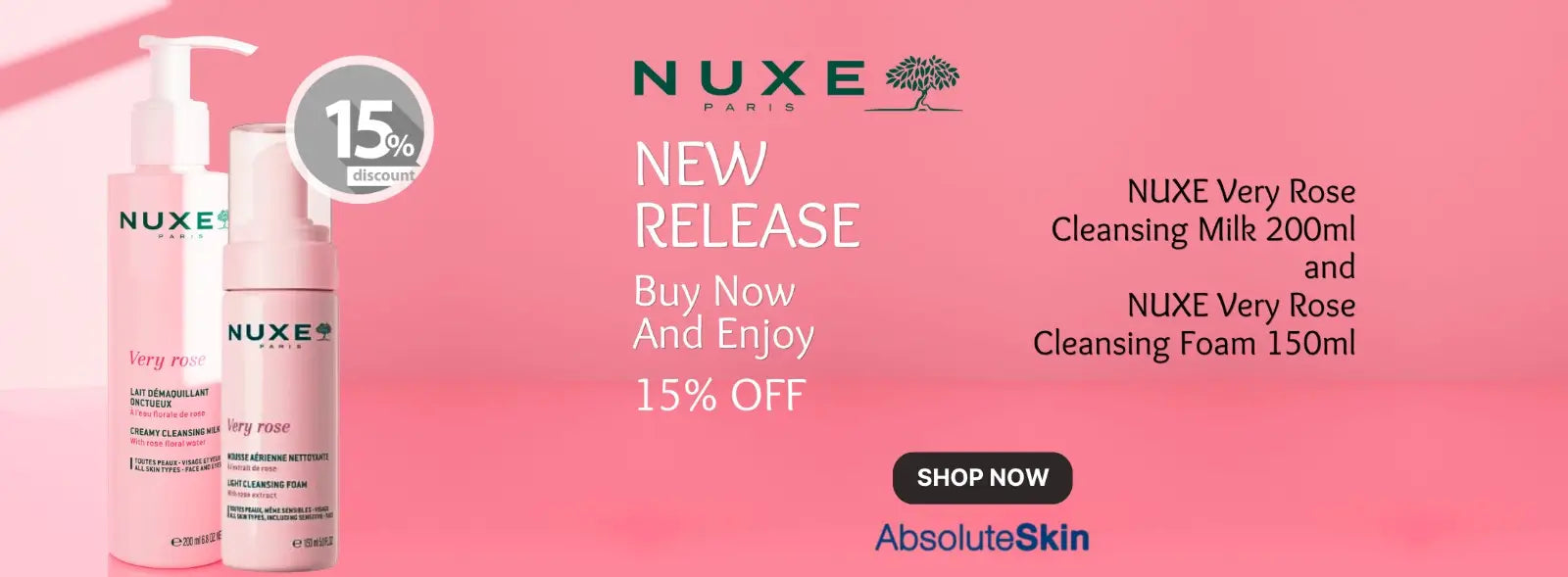 Nuxe skincare products with promotional text on a pink background