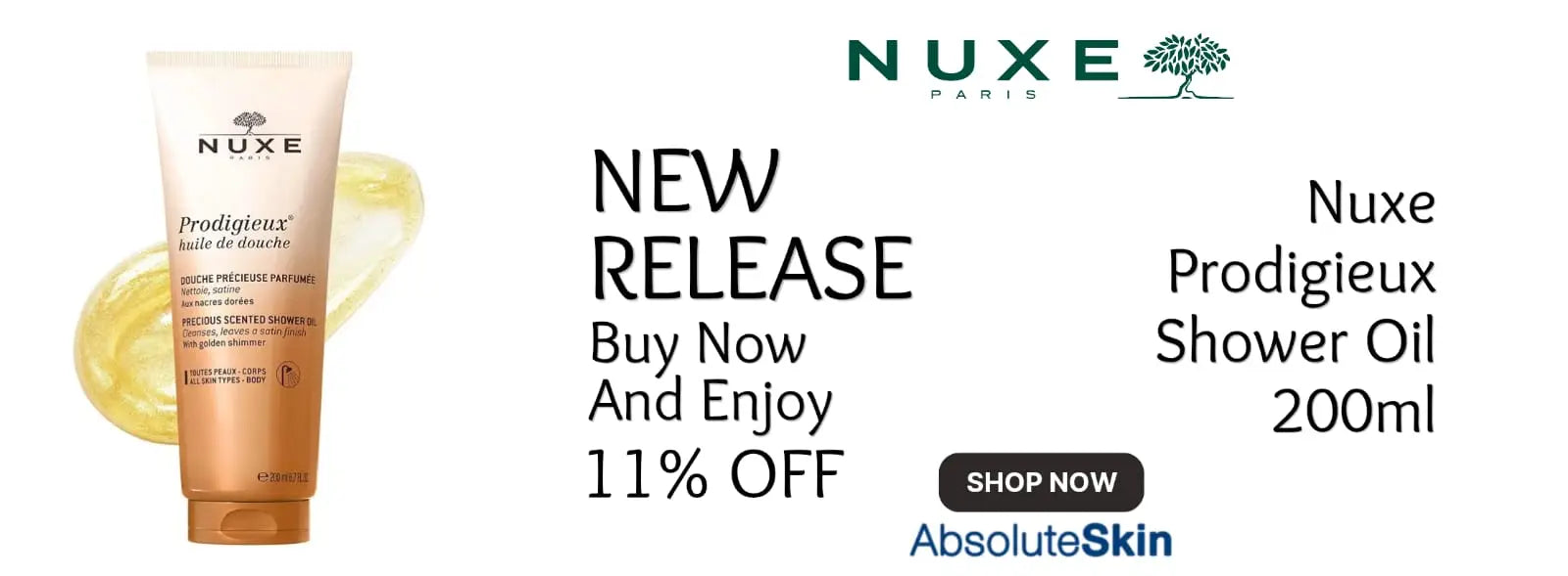 Nuxe Prodigieux Shower Oil with promotional text on a white background
