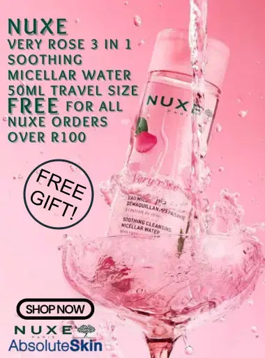 Nuxe micellar water bottle with pink background and promotional text.