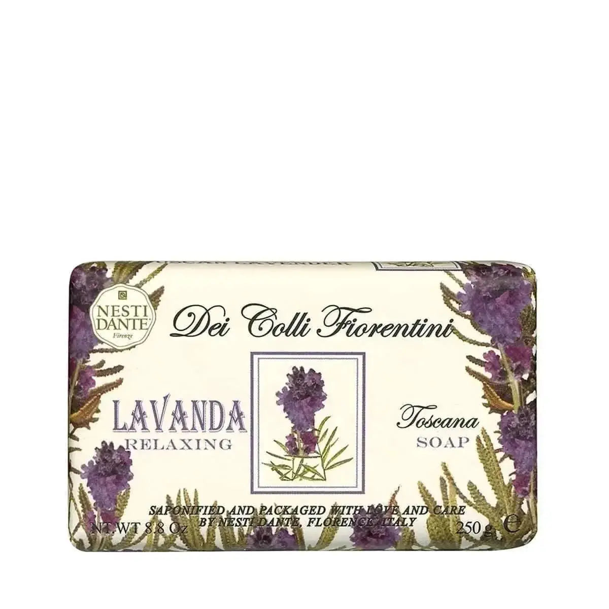 Bar of soap with 'Dei Colli Fiorentini' branding and lavender design on a white background