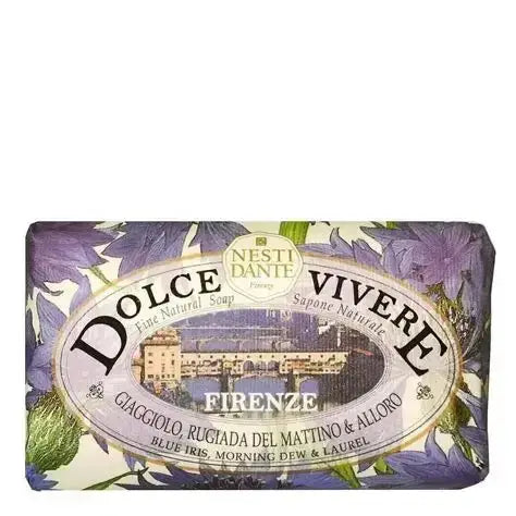 Nesti Dante Dolce Vivere Firenze natural soap bar wrapped in a purple and white floral label with an illustration of a historic building.