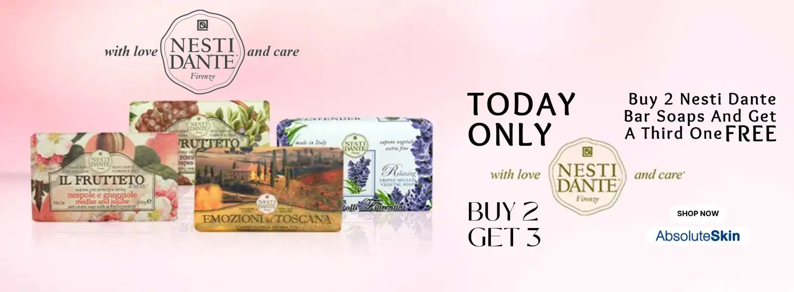 Promotional banner for Nesté Dante bar soaps with a buy 2 get 3 offer on a pink background.