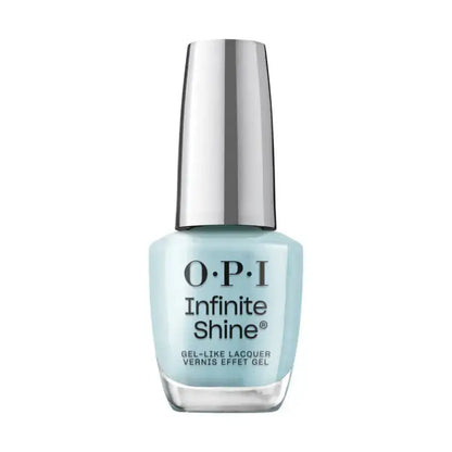 OPI Infinite Shine gel nail polish in a light icy blue shade, featuring a reflective silver cap and clear glass bottle on a white background.
