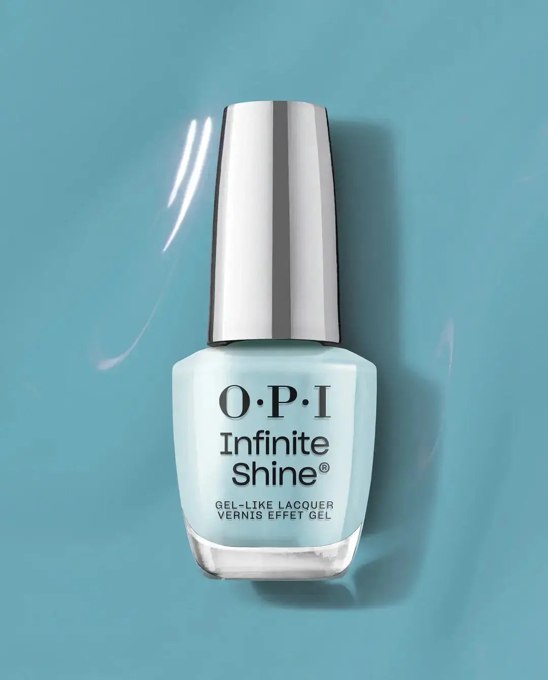 OPI Infinite Shine gel nail polish in a light icy blue shade, shown in a clear bottle with a reflective silver cap against a solid light blue background.