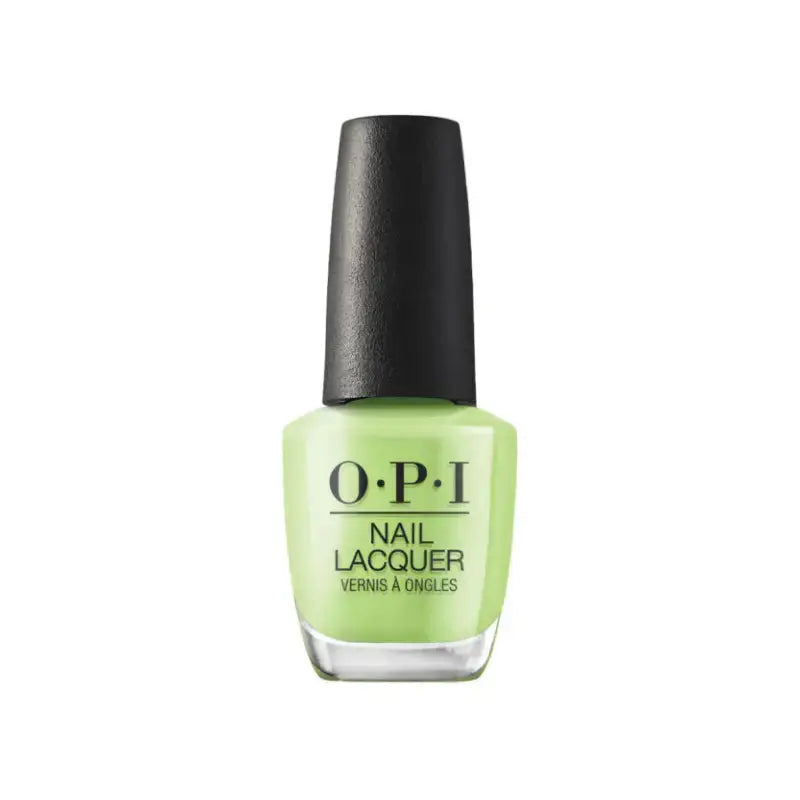 OPI Nail Lacquer in a light lime green shade, shown in a classic glass bottle with a black cap on a plain white background.