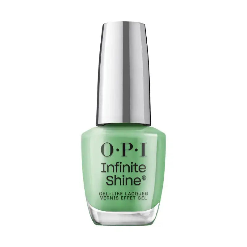 OPI Infinite Shine gel nail polish in a light mint green shade, featuring a silver metallic cap and clear glass bottle on a white background.