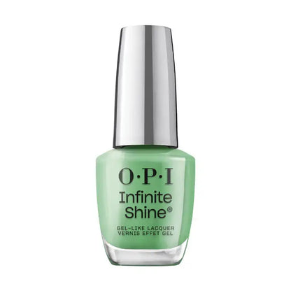 OPI Infinite Shine gel nail polish in a light mint green shade, featuring a silver metallic cap and clear glass bottle on a white background.