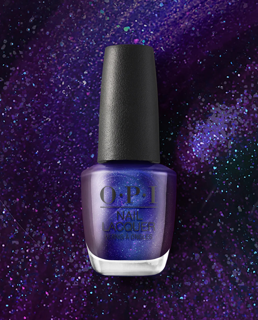 OPI nail polish bottle on a purple glittery background