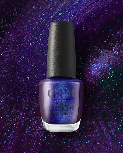 OPI nail polish bottle on a purple glittery background