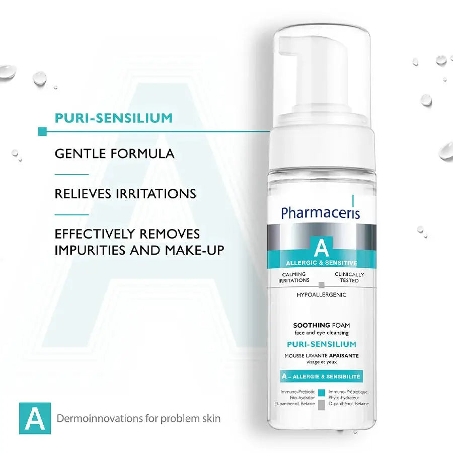 Pharmacisti Puri-Sensilium Soothing Foam bottle on a white background with promotional text on the left.
