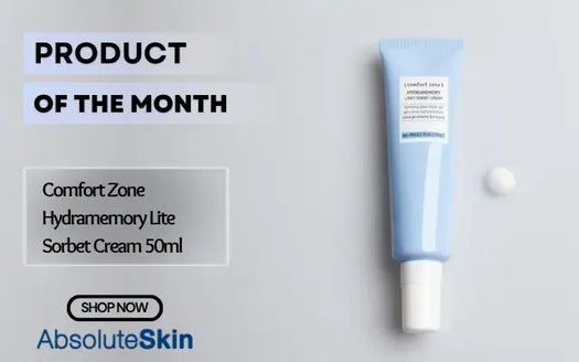 Comfort Zone Hydramemory Lite Sorbet Cream 50ml in a light blue squeeze tube with a white cap, displayed on a light gray background with promotional text and a small dollop of cream.