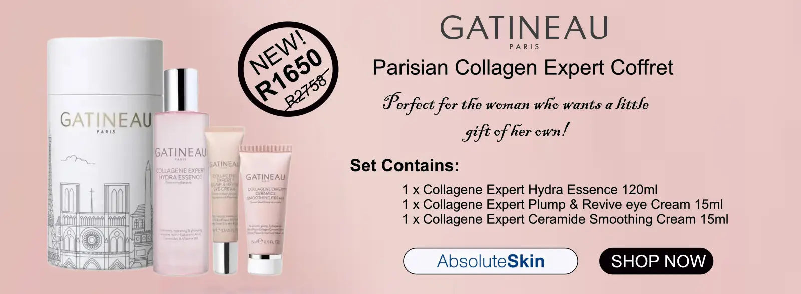 Gatineau Parisian Collagen Expert Coffret set featuring a white cylindrical box, a white bottle, a pink bottle, and a pink tube, displayed on a light pink background with promotional text and buttons.