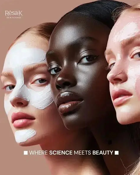 Three women in profile with skincare masks on their faces, set against a warm beige background. The ResaK skincare logo is in the top left, and the text 'WHERE SCIENCE MEETS BEAUTY' is at the bottom.