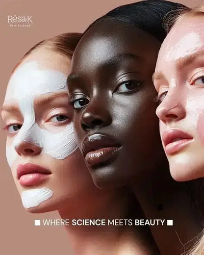 Three women in profile with skincare masks on their faces, set against a warm beige background. The ResaK skincare logo is in the top left, and the text 'WHERE SCIENCE MEETS BEAUTY' is at the bottom.
