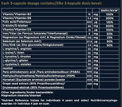 Nutritional supplement label with detailed ingredient list and dosages on a dark background