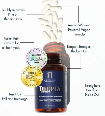 Hair supplement bottle with text highlighting its benefits on a white background