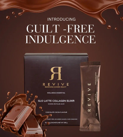 Revive Glo Latte Collagen Elixir packaging with chocolate elements on a brown background