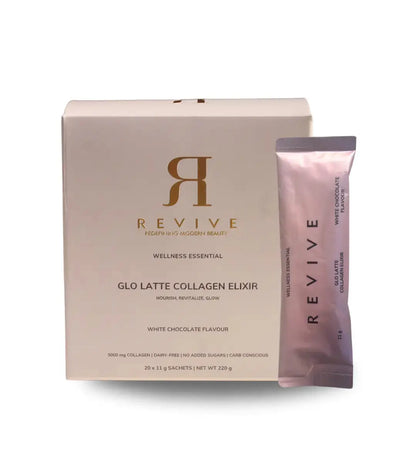 Revive Wellness Essential Glo Latte Collagen Elixir packaging on a white background