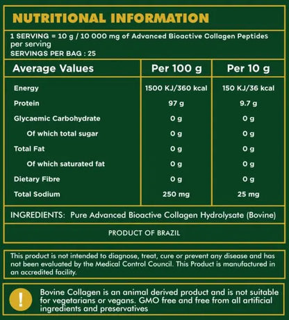 Nutritional information label for a collagen product with green background and white text.