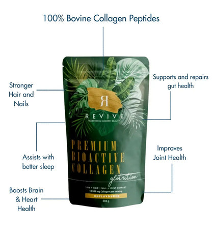 Collagen supplement package with branding and health benefits listed