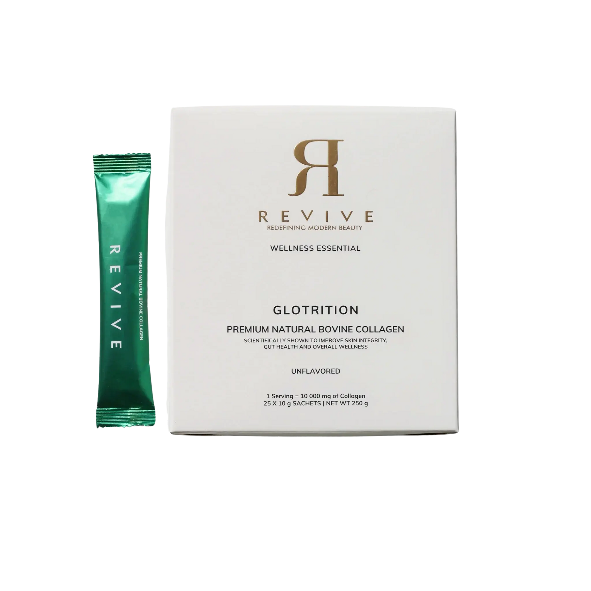 Revive Glotrition wellness essential package with a green sachet on a white background