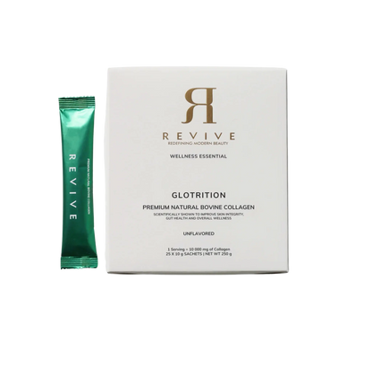 Revive Glotrition wellness essential package with a green sachet on a white background