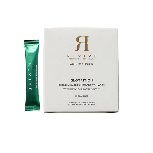 Revive Glotrition wellness essential package with a green sachet on a white background
