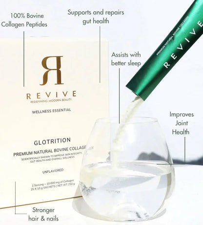 Revive wellness essential bottle with text highlighting benefits on a white background