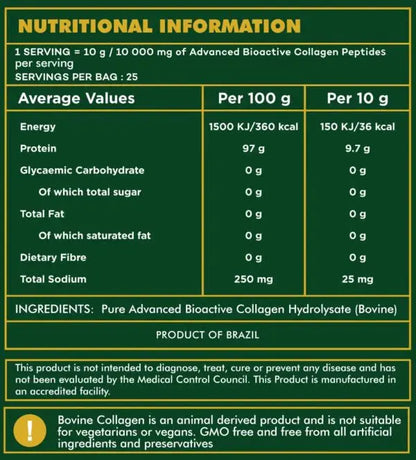 Nutritional information label for Advanced Bioactive Collagen Peptides on a green background