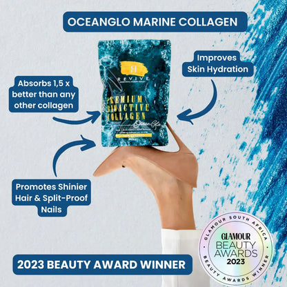 Oceanglo Marine Collagen package held by a hand with product benefits highlighted.